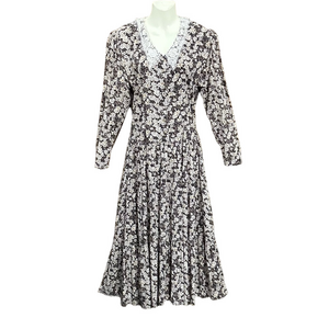 Vintage 90s floral long dress Small lace collar drop waist tiered skirt Prairie